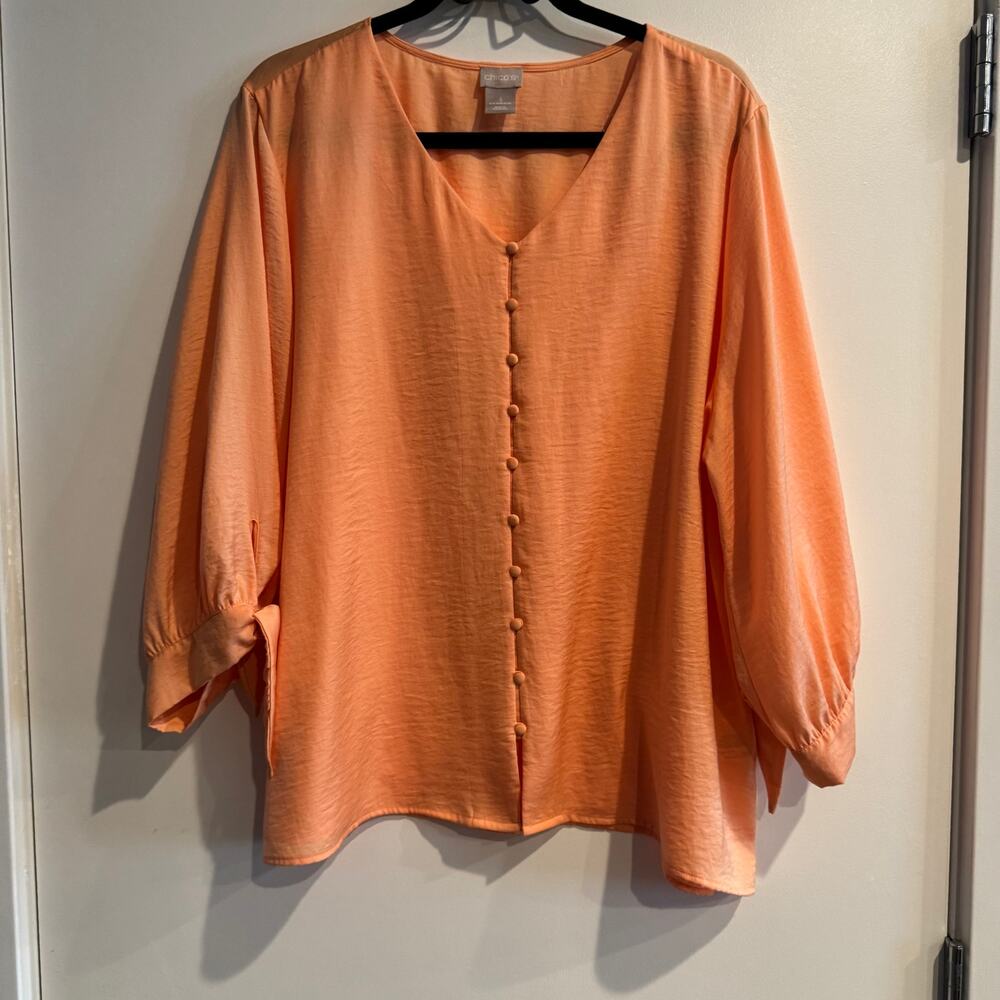 Chico's Top Orange V-Neck Button Front Tie Cuff Long Sleeve Sz 18 Women's